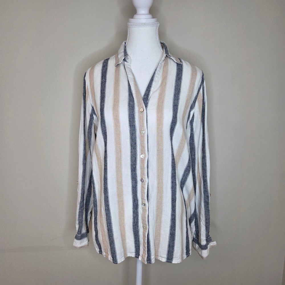 Tahari Linen Blend Striped Button Up Navy Tan Coastal Grandmother Size L